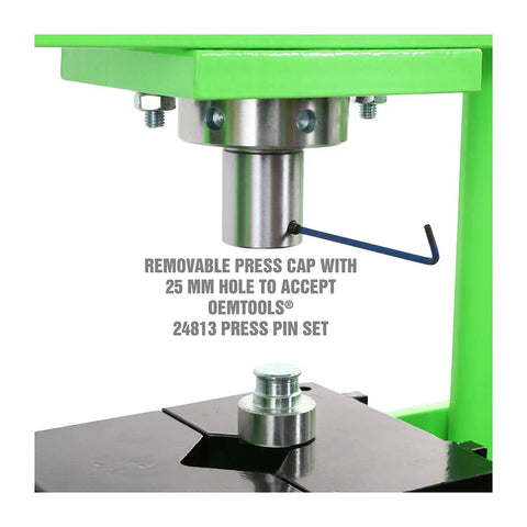 Close-up of Air Hydraulic Shop Press 20 Ton With Dual Speed Pump Bearing And Metal Pressing Floor Model with press cap and hole