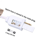 Close-up of a white male plug with a spare fuse compartment, 5 Amp 125 Volt, for Outdoor String Lights 100Ft With 105 Globe Bulbs Waterproof IP44 Edison G40 Bulbs For Backyard Parties And Weddings Patio Decor Weatherproof Lighting For Garden Or Patio Ambiance.