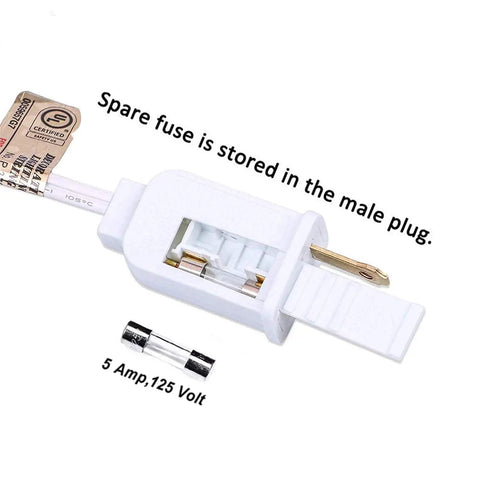 Close-up of a white male plug with a spare fuse compartment, 5 Amp 125 Volt, for Outdoor String Lights 100Ft With 105 Globe Bulbs Waterproof IP44 Edison G40 Bulbs For Backyard Parties And Weddings Patio Decor Weatherproof Lighting For Garden Or Patio Ambiance.