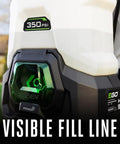 Close-up of Cordless 4 Gallon Backpack Sprayer with 350 PSI label and visible fill line, focusing on the brushless motor housing.