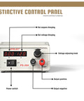 Adjustable DC Power Supply With Dual LCD Display Dope Benchtop Power Supply Regulated 3V To 12V Outputs 4.5V 6V 7.5V 9V 12V 1.5-15VDC Up To 2A Fuse Protected Low Noise 90-253VAC Input showing control panel with labels