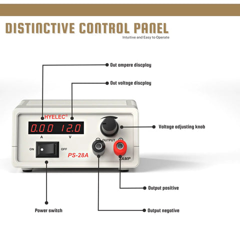 Adjustable DC Power Supply With Dual LCD Display Dope Benchtop Power Supply Regulated 3V To 12V Outputs 4.5V 6V 7.5V 9V 12V 1.5-15VDC Up To 2A Fuse Protected Low Noise 90-253VAC Input showing control panel with labels
