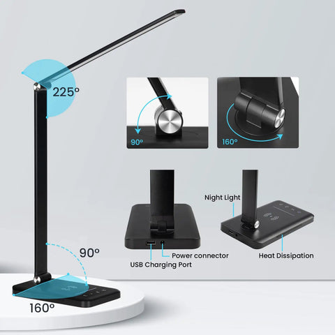 Wireless Charging Desk Lamp With Night Light No Fuss 10W Fast Charge USB Port 10 Brightness Levels adjustable angles view