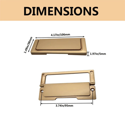 Dimensions of Hidden Flat Pull Handle Black Two Piece Set With Screws for cabinets and drawers, showing length and width in inches and mm