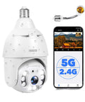 2K 4MP Light Bulb Security Camera With 360 Degree Dome beside smartphone app display