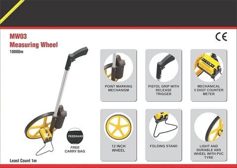Heavy Duty 12 Inch Measuring Wheel With Mechanical Counter Dial And Foldable Stand Yard Survey Tool For Landscape Contractors And Concrete Crews Built Dang Tough For No Nonsense Job Site Work, featuring a yellow wheel and pistol grip.
