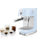 Totally Iconic Retro Espresso Maker With Cold Brew Feature in pastel blue, featuring coffee cups and smooth operation steam wand.