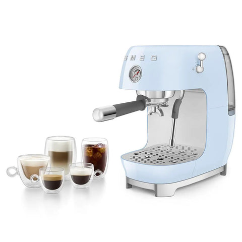Totally Iconic Retro Espresso Maker With Cold Brew Feature in pastel blue, featuring coffee cups and smooth operation steam wand.