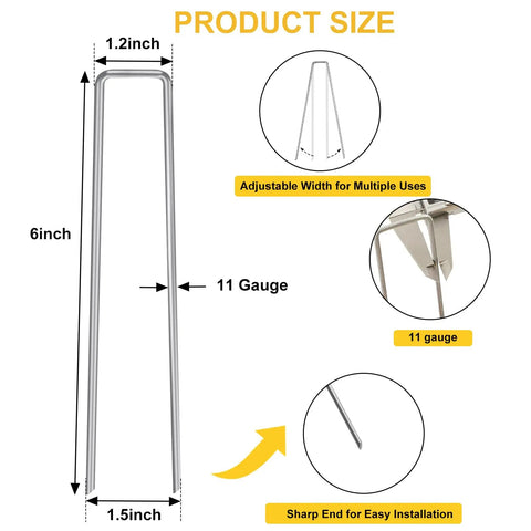 500 Pack 6 Inch Galvanized Landscape Staples Ground Stakes 11 Gauge for Lawn Yard Garden Fence shown with size details
