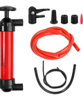 Universal Manual Car Fluid Transfer Pump With Extended Suction Hose Kit Fuel Extractor And Hand Siphon Tool For Gas Water Oil, components include red hose.