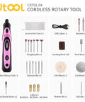 Pink 4V Cordless Rotary Tool Kit With 42 Accessories for DIY Crafts, includes rotary tool, grinding bits, case, and USB cable.