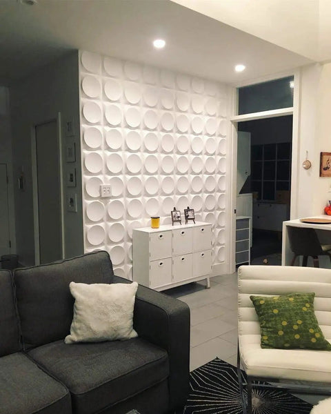 White 3D Wall Panels Moon Surface Design Set Of 12 Tiles Covering 32 Sq Ft Waterproof Paintable in modern living room.