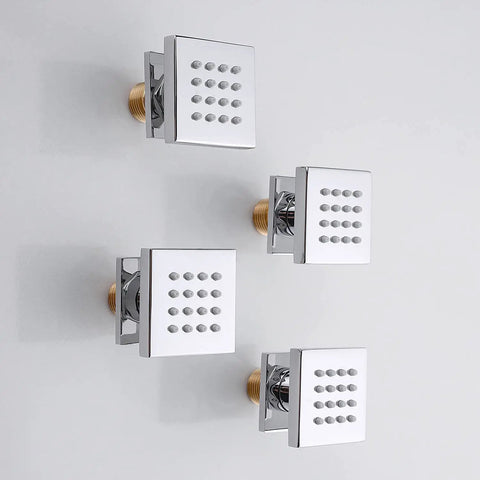 Brass Shower Body Sprays With Four Massage Jets, Wall Mounted Spa Side Sprayer Set, Square Chrome Finish on wall