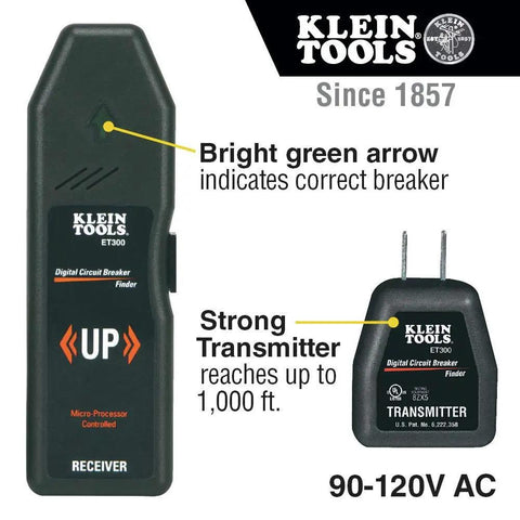 ET300 Circuit Breaker Finder With Bluetooth 4.2 image showing bright green arrow and strong transmitter for 90-120V AC circuits.
