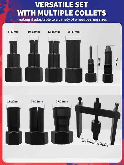 10 Piece Motorcycle Blind Bearing Puller Kit With 8 Mm To 25 Mm Collets Inner Extractor Tool Set For Removing Damaged Inner Bearings On Motorcycles And Cars Reliable Easy To Use shown with multiple collets in various sizes and puller display.