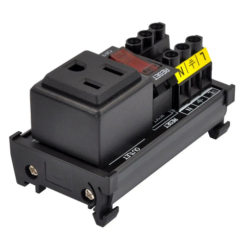 Rail Mount 120V NEMA 5-15R Single Outlet Power Strip Module With Rocker Switch And Resettable Thermal Circuit Breaker Overload Protection