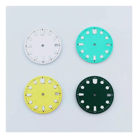 Four colorful watch dials in white, light blue, yellow, and green; design suitable for custom watch builds and replacements.