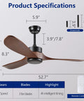 Diagram of 52 Inch Outdoor Ceiling Fan Without Light With 3 Solid Wood Blades, Remote Control, Walnut Wood Finish, product specifications.