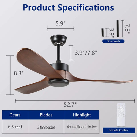 Diagram of 52 Inch Outdoor Ceiling Fan Without Light With 3 Solid Wood Blades, Remote Control, Walnut Wood Finish, product specifications.