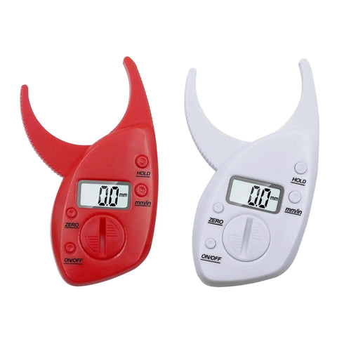Digital Fat Caliper with Nonslip Grip, ABS, 50mm Ranging, Red displayed alongside a white version, showing digital readouts.