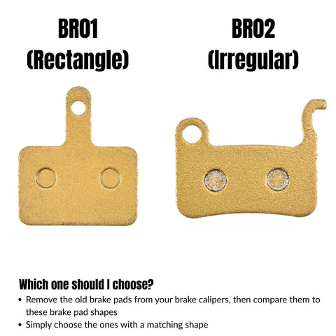 Brake Pads For Spark, Racer, Cityone, Mars, And Speedy Bicycles Rectangle BR01, BR01 rectangular and BR02 irregular shapes comparison