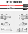 Specifications diagram of Beefy Solar Extension Cable 10 Ft 10 AWG 30 Amp DC IP67 Waterproof With Tinned Copper Core Red Black Quick Connectors.