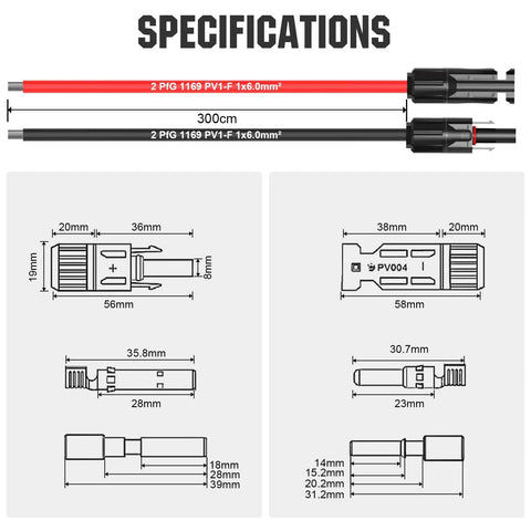 Specifications diagram of Beefy Solar Extension Cable 10 Ft 10 AWG 30 Amp DC IP67 Waterproof With Tinned Copper Core Red Black Quick Connectors.