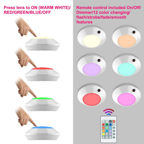 Battery Powered LED Ceiling Light With Remote Control, 12 Color Mood Lights shown in four color modes with remote