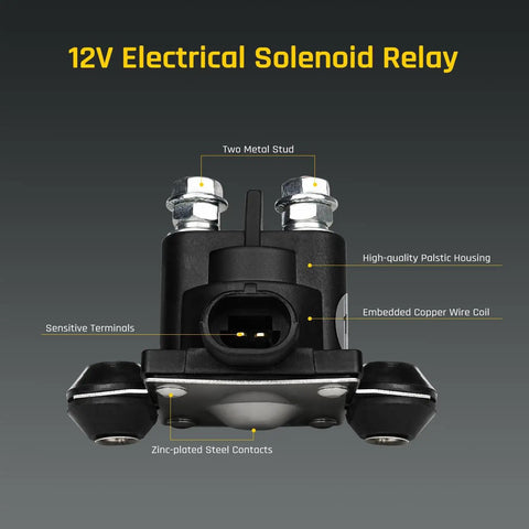12V Electrical Solenoid Relay with zinc-plated contacts, copper wire coil, and plastic housing, compatible with Johnson and Evinrude motors