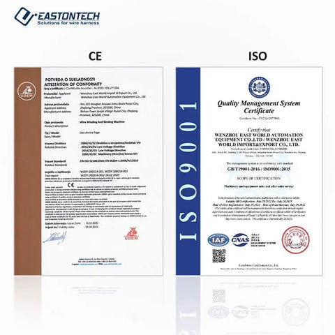 CE and ISO certification documents for Built Different Automatic Wire Cutting And Stripping Workhorse With Smart Touchscreen.