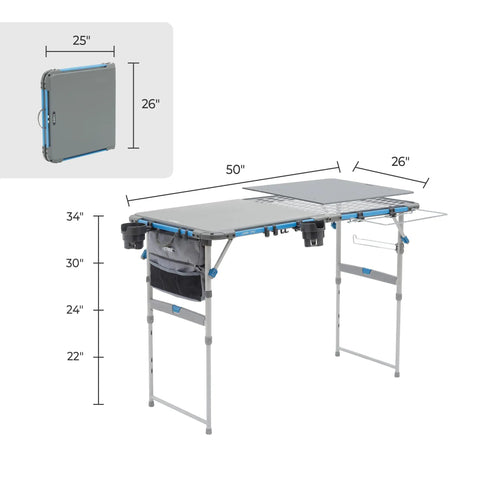 Outdoor Cook Table With Adjustable Height And Foldable Four Foot Work Station, dimensions 50x26 inches, shown in gray