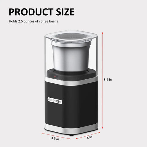 Electric Coffee Bean Grinder With Slick One Touch Operation And 180W Motor Brewing Fresh Espresso Right Quick With A Removable Stainless Bowl For 12 Cups And Brush In Sleek Black, showing size dimensions and sleek design.