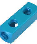 2 Way 5 Port Air Manifold For Pneumatic Systems Aluminum Inline Splitter With One Quarter Inch NPT Four Outlet Holes shown horizontally