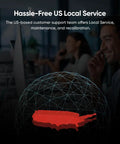 Customer service representative with phone headset, US map highlighted for Hassle-Free US Local Service, office background.