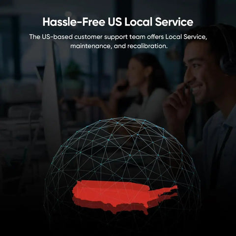 Customer service representative with phone headset, US map highlighted for Hassle-Free US Local Service, office background.