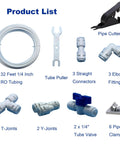 32 Ft RO Tubing Kit Must Have 20 Piece For Water Purifier And Refrigerator System Including One Quarter Inch OD Fridge Water Line Quick Connect Fittings Valves Elbow Tee Y Shape Clips Tool And Pipe Cutter displayed with parts like tubing, connectors, pipe cutter, and fittings.