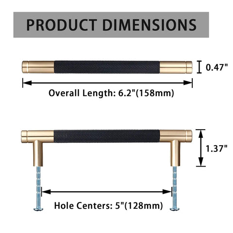 12 Pack Modern Black And Gold Aluminum Cabinet Pulls Knurled Diamond Pattern, 6.2" Overall Length, 5" Center to Center dimensions