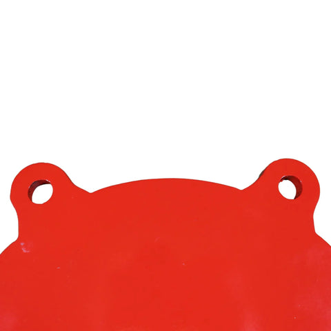 Close-up of AR500 Steel Target 4 Inch Gong Silhouette Three Eighths Inch Thick Plasma Cut Red Color High Visibility hanging holes.