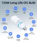 Infographic of 135W CFL bulb features for Two Pack Softbox Lighting Kit 20x28 Inch With 135W 5500K CFL Bulbs, showcasing benefits.