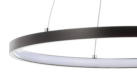 Close-up of Matte Black Modern Integrated LED Pendant Light With Dimmable Round Hoop Chandelier for kitchens and dining rooms.