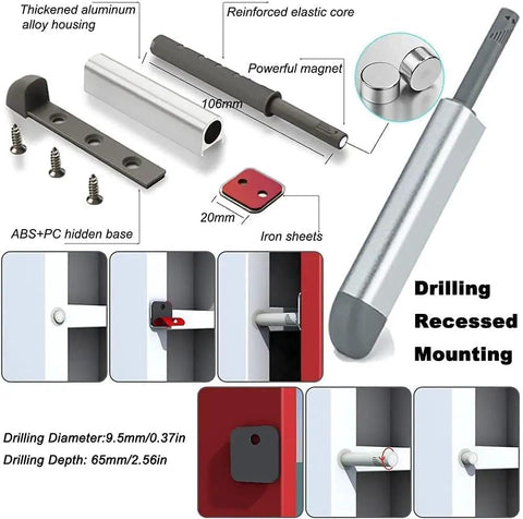 Push To Open Cabinet Latches 16 Pack Magnetic Door Release Hardware for Hidden Doors, Drawers, with installation details