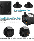 Image of an Ultra Quiet 90 GPH Submersible Pump with suction cups and adjustable water flow controls for small fountains and aquariums.