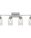Four-light modern vanity light with clear glass shades, wall mounted, brushed nickel finish, bulbs visible, front view