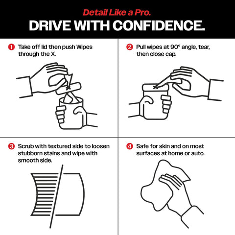 Instructions for using Heavy Duty Cleaning Wipes For Home And Auto With Dual Sided Texture Wet Wipes That Power Through Grease Tar Paint Oil Dirt Without Residue Safe On Hands Made In USA 130 Wipes.