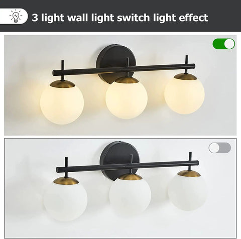 Black And Gold Lit Three Light Vanity Light Fixture For Bathroom Mid Century Modern Wall Sconce With Milky White Frosted Glass