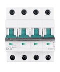 4P MCB Miniature Circuit Breaker With 1000V Voltage Rating And 6KA Fault Current Capacity showing three green switches, designed for Din rail snap fit.