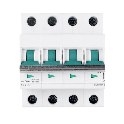 4P MCB Miniature Circuit Breaker With 1000V Voltage Rating And 6KA Fault Current Capacity showing three green switches, designed for Din rail snap fit.