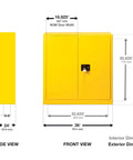 No Nonsense 30 Gallon Flammable Liquid Safety Cabinet dimensions showing side and front views with measurements.