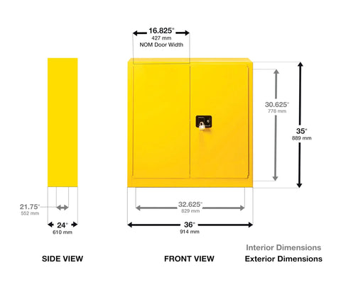 No Nonsense 30 Gallon Flammable Liquid Safety Cabinet dimensions showing side and front views with measurements.
