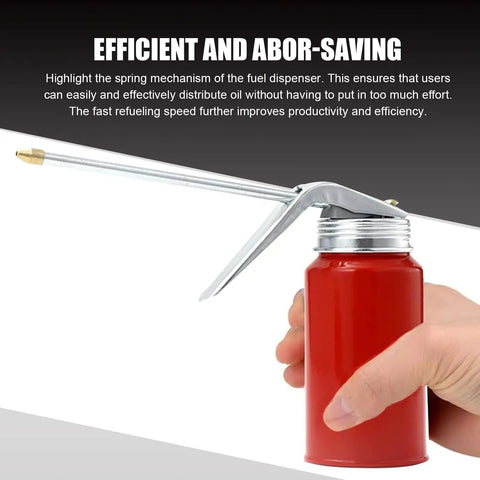 Top Shelf Cold Rolled Steel Hand Pump Oil Cans, 2 Pack Leak Proof 200 Milliliter Portable Grease Lubricator, hand holding oiler.